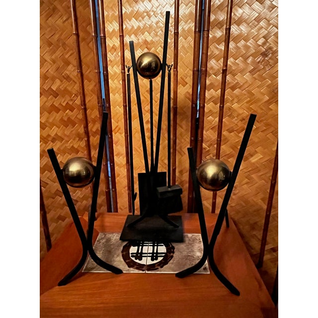 Donald Deskey MCM Fireplace Tools Iron Andirons and Fireplace Tool Set- 6 Pieces For Sale In Saint Louis - Image 6 of 10