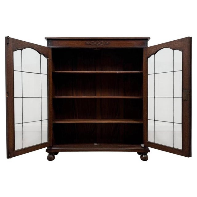 Early 20th Century Antique English Oak Glazed Display Cabinet For Sale - Image 4 of 12