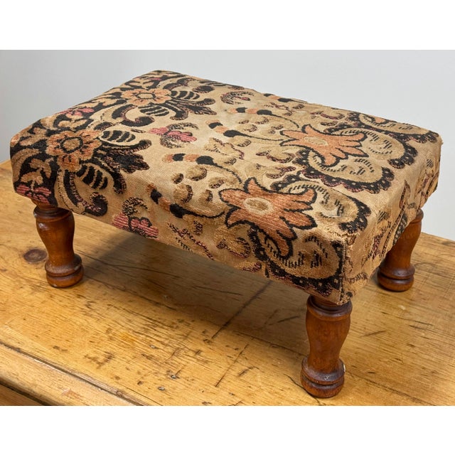 Antique Floral Upholstered Footstool W/ Turned Wood Legs For Sale - Image 9 of 11