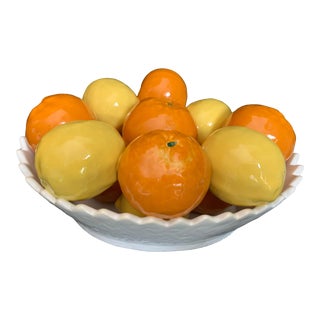 Vintage Italian Majolica Pottery Sculpture Lemons and Oranges in a White Basket For Sale