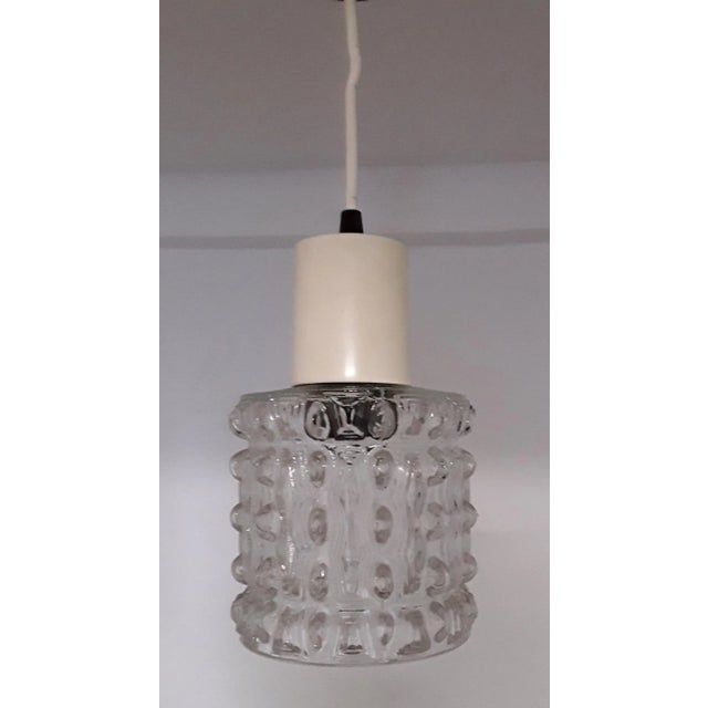 Ceiling Lamp with Clear Relief Pressed Glass Shade, Cream Plastic Mount and Black Plastic Canopy, 1970s, in Good...