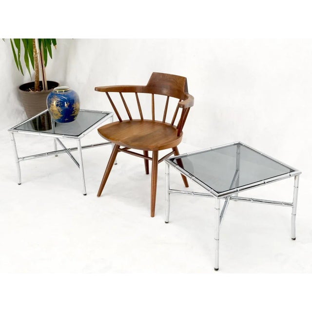 Pair of Chrome Metal Faux Bamboo x Base Smoked Glass End Side Tables For Sale - Image 6 of 13