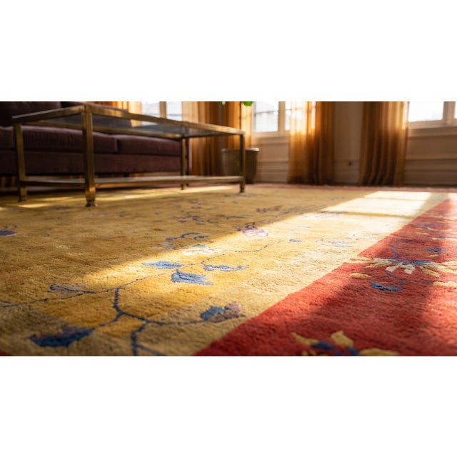 Surprising Saffron Background and Red-Raspebery Border With Tiny Sprays Floral Design Antique Chinese Art Deco Rug For Sale - Image 14 of 15