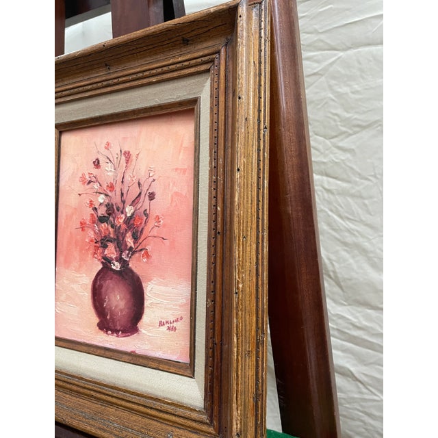 Wood 1980s Pink Bouquet of Flowers in Vase Still Life Oil Painting Framed For Sale - Image 7 of 8