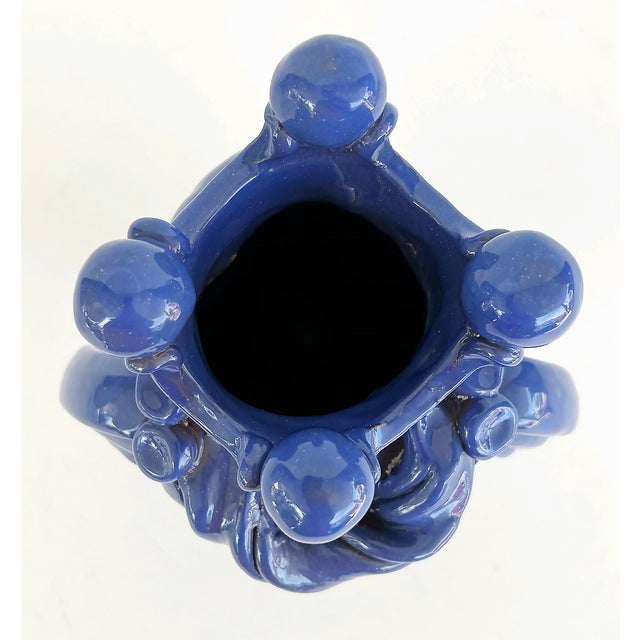 Figurative Sicilian Caltagirone Blue Glazed Ceramic Pottery Figurative Vase, Signed For Sale - Image 3 of 11