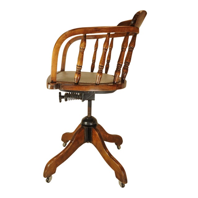 DESK CHAIR Victorian Antique Captains Desk Chair With An Iron Tilt Mechanism With Brass Stud Detailing & Light Grey...