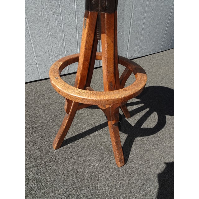 Wood Antique Industrial Adjustable Swivel Oak Drafting Stool Barstool 1of3 ~ # 2 For Sale - Image 7 of 17