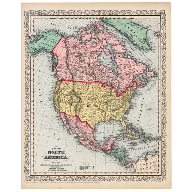Original hand-colored map of North America, published by Charles DeSilver in Philadelphia in 1858. The map presents the...