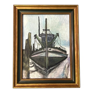 1960’s Original Impressionist Docked Fishing Boat Painting For Sale