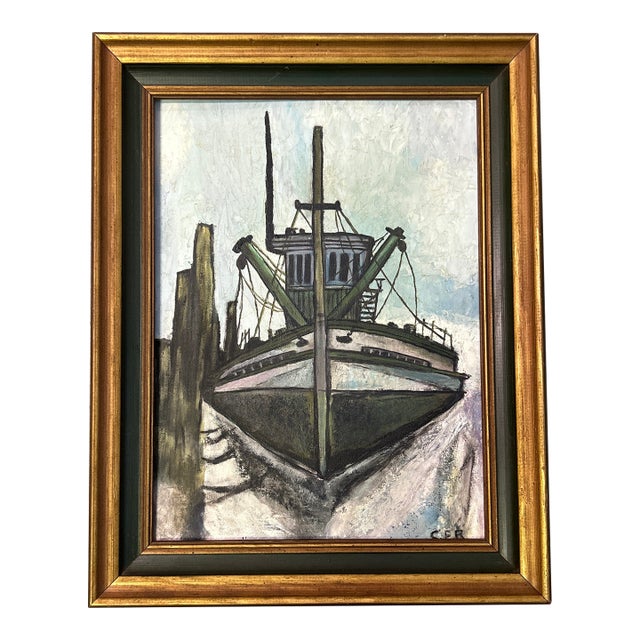 1960’s Original Impressionist Docked Fishing Boat Painting For Sale