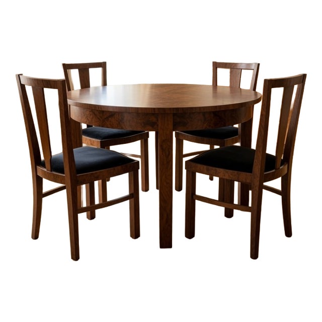 Art Deco Round Table with Four Chairs, Poland, 1940s, Set of 5 For Sale