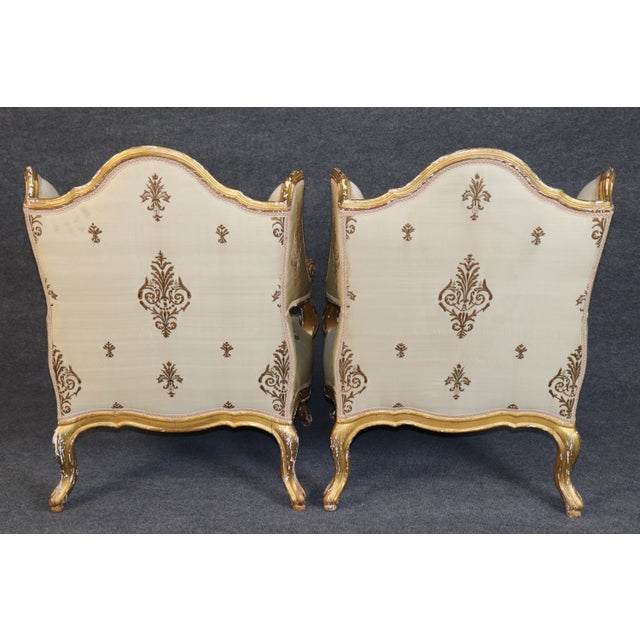 French Pair 19th C French Louis XV Style Giltwood Wingback Chairs For Sale - Image 3 of 14