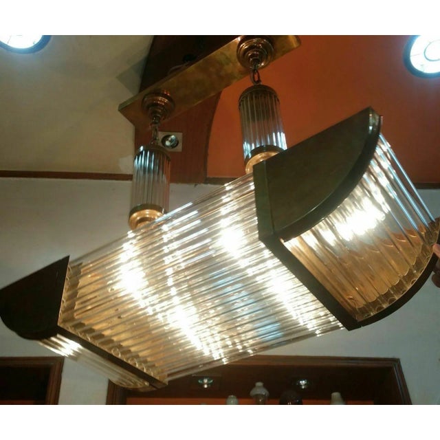 Vintage Art Deco Skyscraper Rod Ship Light Chandelier Fixture in Brass & Glass For Sale - Image 4 of 7