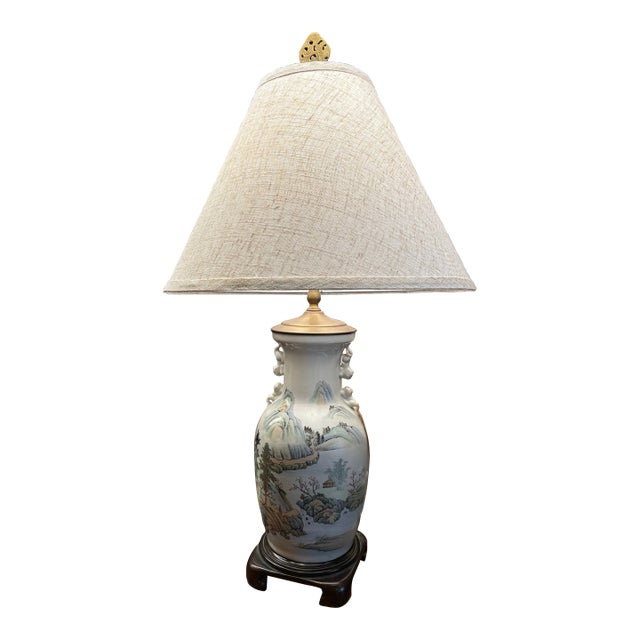 Vintage Chinese Landscape Lamp With Stand For Sale