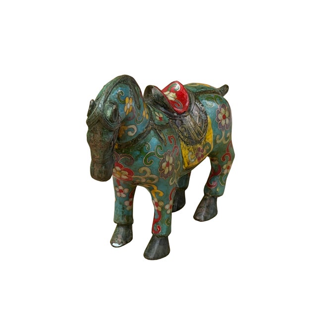 Chinese Vintage Chinese Turquoise Blue Flower Cloisonné Enamel Horse Statue For Sale - Image 3 of 13