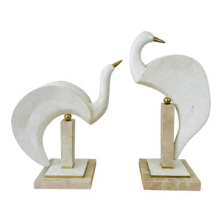 Vintage 1980s Pair of Maitland Smith Tessellated Stone Stylized Bird Statues For Sale