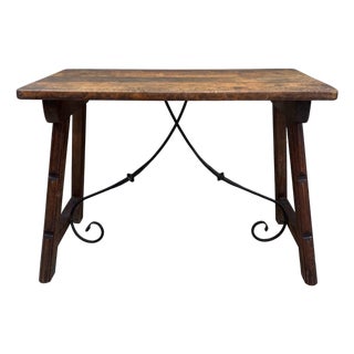 Early 20th Century Spanish Table with Wrought Iron Cross Stretchers For Sale