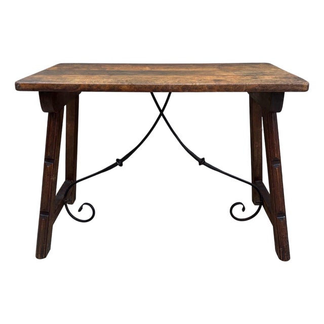 Early 20th Century Spanish Table with Wrought Iron Cross Stretchers For Sale