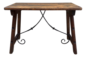 Early 20th Century Spanish Table with Wrought Iron Cross Stretchers