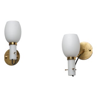 Italian Brass Wall Sconces with Opaline Glass Shades, 1950s, Set of 2 For Sale