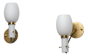Italian Brass Wall Sconces with Opaline Glass Shades, 1950s, Set of 2