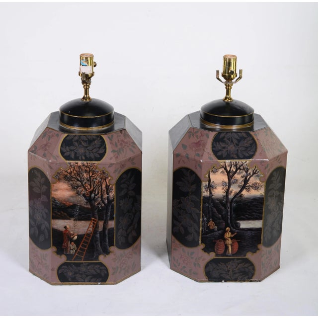 A pair vintage Hand-painted English-style Chinese export tea caddy table lamp.On the front of the lamp is the hand-painted...