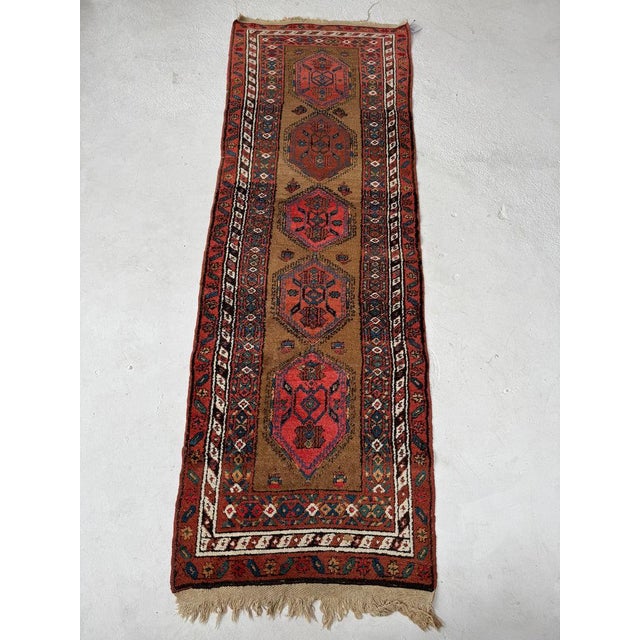 1920s Antique Camel Hair Runnr with Coral Pinks, Watermelon, Rust Rug 3.2 x 9.5 For Sale - Image 5 of 10