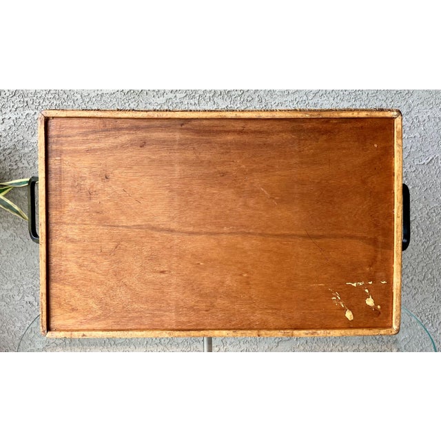 Mid 20th-Century Nicely-Sized Rustic Chic Rattan & Wood Tray With Shaped Steel Handles For Sale - Image 4 of 12
