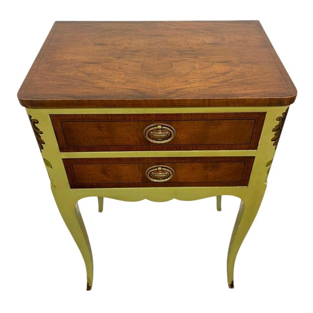 1970s Vintage John Widdicomb Two Drawer Painted Side Table With Cabriole Legs and Decorative Motifs For Sale - Image 5 of 11