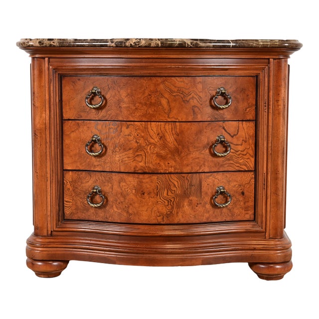 Thomasville French Louis Philippe Burl Wood Marble Top Three-Drawer Dresser Chest For Sale