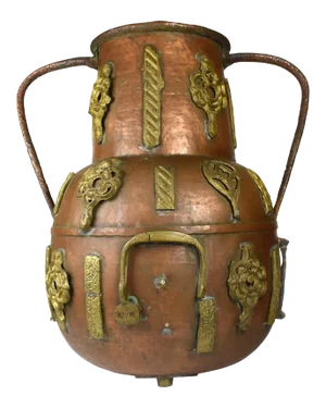 Antique Large Heavy Hand-Hammered Copper Floor Water Vessel Pot With Brass Embellishments