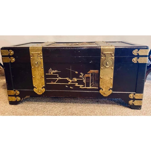 1920s Century Asian Dowry, blanket or storage chest. Bronze decorated having strong bronze hinges with a cedar interior...