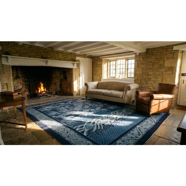 Cornflower Blue Fantabulous Tone of Blue Background Color in a Chinoiserie Pattern Antique Chinese Peking Rug For Sale - Image 8 of 9