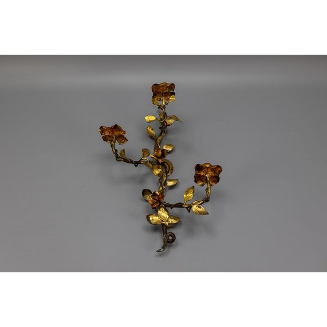 Hollywood Regency Gilt Tole Metal Triple-Arm Floral Wall Candle Sconce, 1970s For Sale - Image 13 of 18