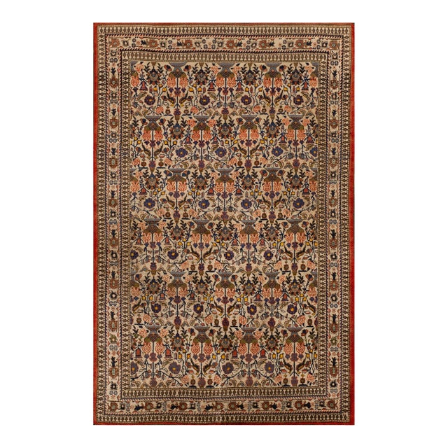 Outstanding Ivory Color With Special Paneled Garden and Medallions Antique Persian Qum Rug For Sale
