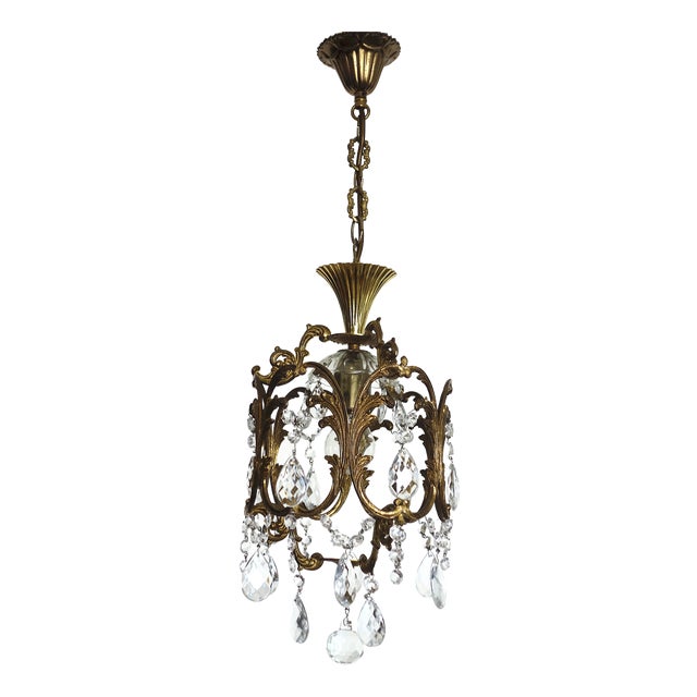 French Art Deco Brass Crystal Chandelier, 1940s For Sale