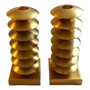 Unknown, French Gilt Gold Sculpture Sputnik Space Age Post Modern Pair Candlesticks, c.1980s-1990s
