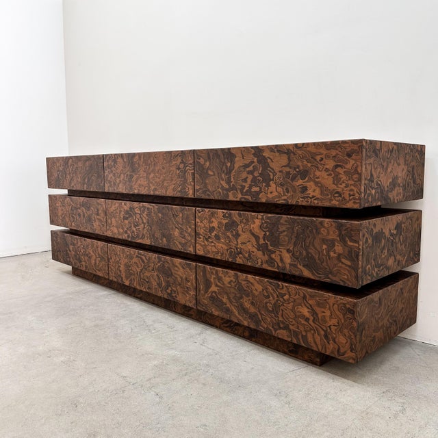 Vintage Mid-Century Modern Stacked Burlwood Veneer Dresser For Sale In Palm Springs - Image 6 of 10