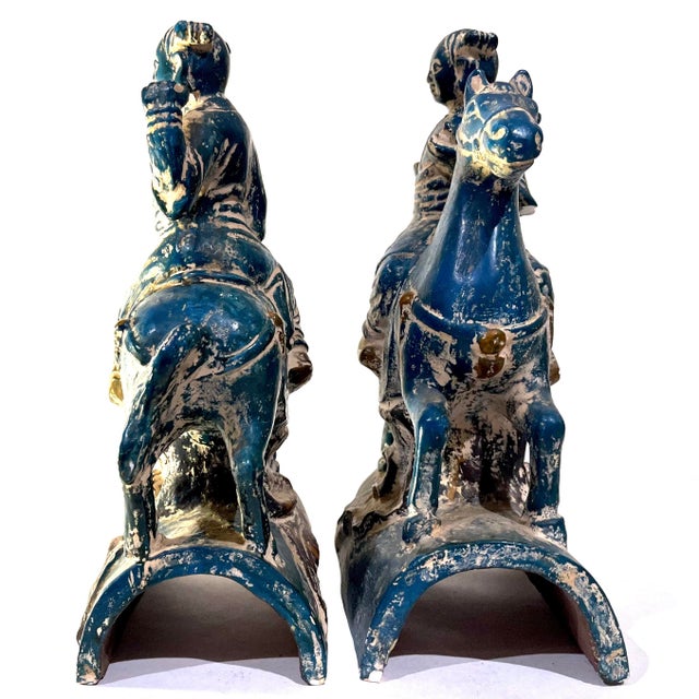 1950's Chinoiserie Stoneware Turquoise Teal Tang Warriors on Horses - Pair For Sale - Image 10 of 12