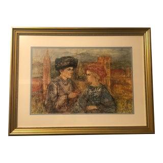 1980s Vintage Framed Edna Hibel "Lovers of Florence" Limited Edition Lithograph For Sale