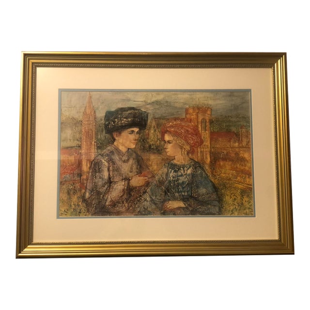 1980s Vintage Framed Edna Hibel "Lovers of Florence" Limited Edition Lithograph For Sale