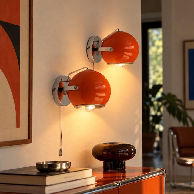 Orange Orange Eyeball Wall Lamps by Delmas, France, 1970s, Set of 2 For Sale - Image 8 of 15