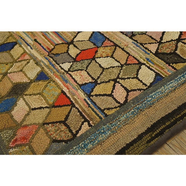 American 1930s Multicolor Diamond Folk Art Antique American Hooked Rug 3'6" X 5'0" Handknotted Wool Carpet For Sale - Image 3 of 5