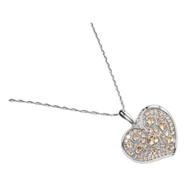 Mid 20th Century 14k White Gold Champagne Diamond Heart Pendant Necklace Estate For Sale