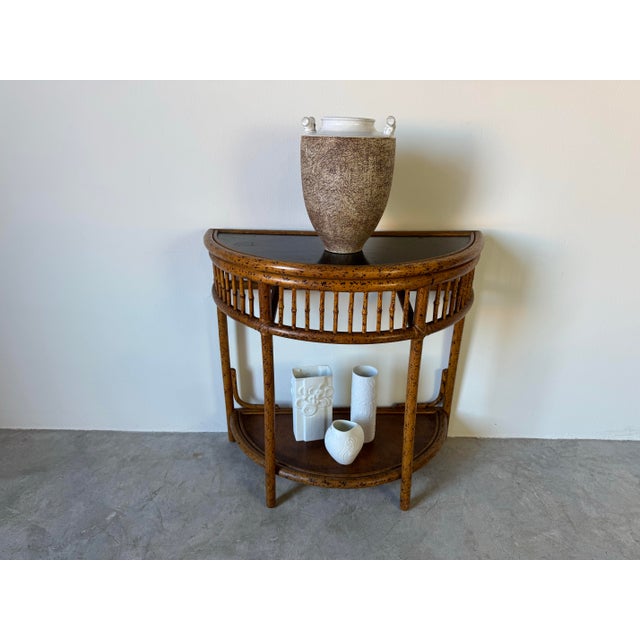 Vintage Coastal Faux Tortoise Shell Finish Demilune Rattan Console ...