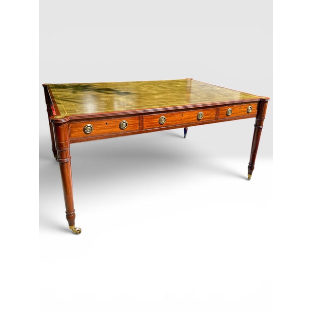 Vintage Baker Furniture Mahogany & Tooled Leather Partner's Writing Desk – "Crown & Tulip" Era For Sale In West Palm - Image 6 of 12