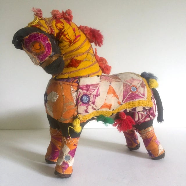 Tribal Vintage Mid Century Indian Rajasthan Multicolor Patchwork Fabric Horse Figurine For Sale - Image 3 of 11