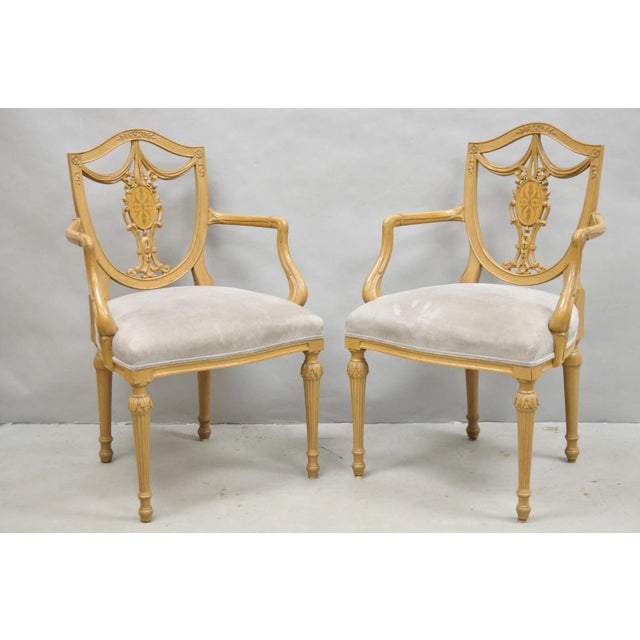 Late 20th Century Hepplewhite Prince of Wales Drape Carved Shield Back Dining Arm Chairs - A Pair For Sale - Image 13 of 14