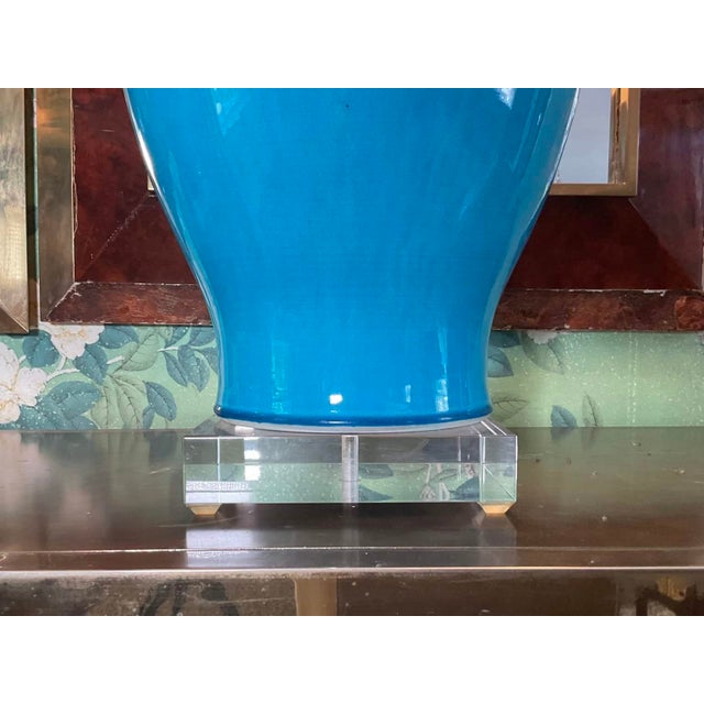 Contemporary Pair of Turquoise Ceramic Table Lamps For Sale In New York - Image 6 of 10