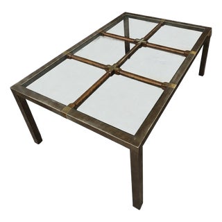 Mid 20th Century Hollywood Regency Brushed Metal W/Brass Accents and Glass Top on Wood Grid Dining Table For Sale